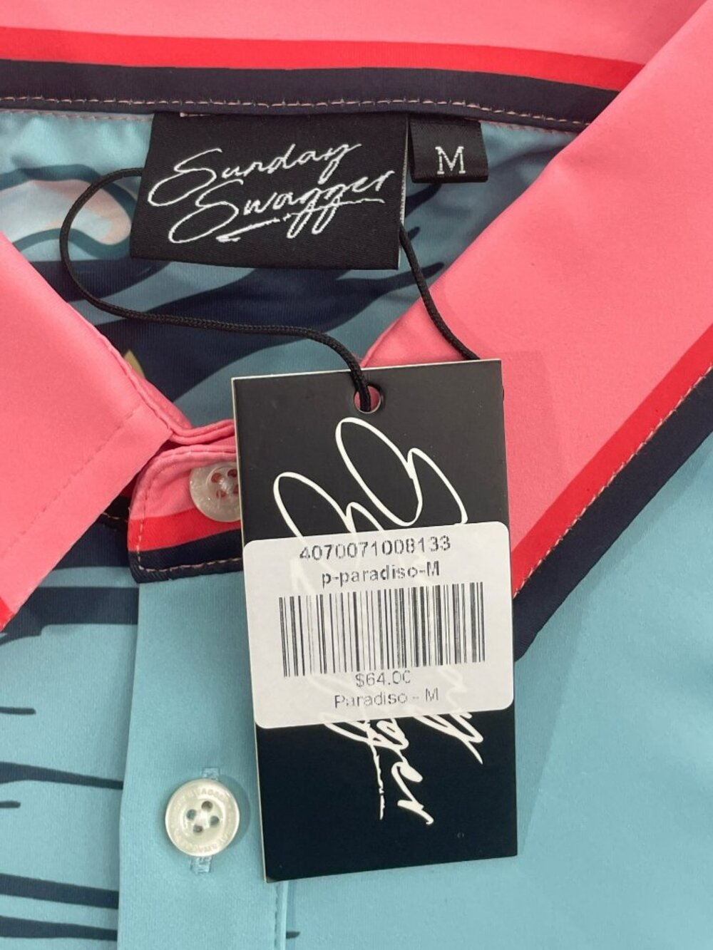 Sunday Swagger Polo Stretch Golf Hawaiian Floral Shirt Blue Pink Men's Sz M NEW - Picture 6 of 7